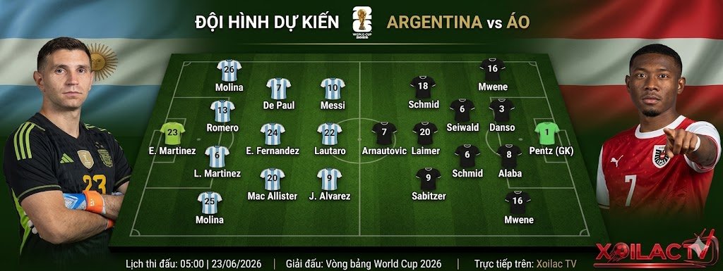 Đội hình dự kiến ra sân trận Argentina vs Áo lúc 5h00 ngày 23/6/2026. Phân tích sơ đồ chiến thuật chi tiết phục vụ soi kèo chuẩn xác từ chuyên gia Xoilac TV.