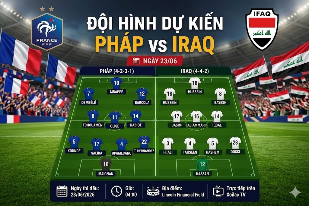 Sơ đồ chiến thuật và đội hình dự kiến trận Pháp vs Iraq bảng I World Cup 2026 - Phân tích đội hình từ Xoilac TV